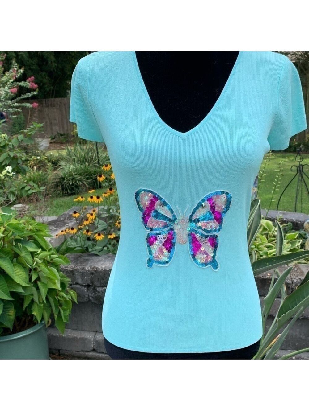 Pastel aqua butterfly sequin v neck short sleeved soft knit top spring summer